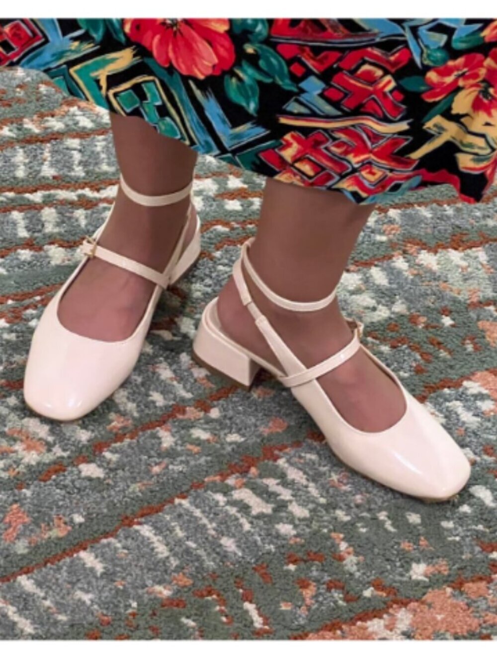 Women's Mary Jane Chunky Low Heels Closed Square Toe Ankle Strap Pumps Beige